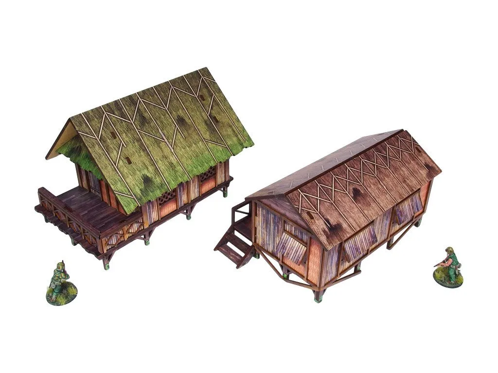 Bolt Action Pre-Painted WW2 Pacific Jungle Huts (2) décors prépeints 28-30 mm