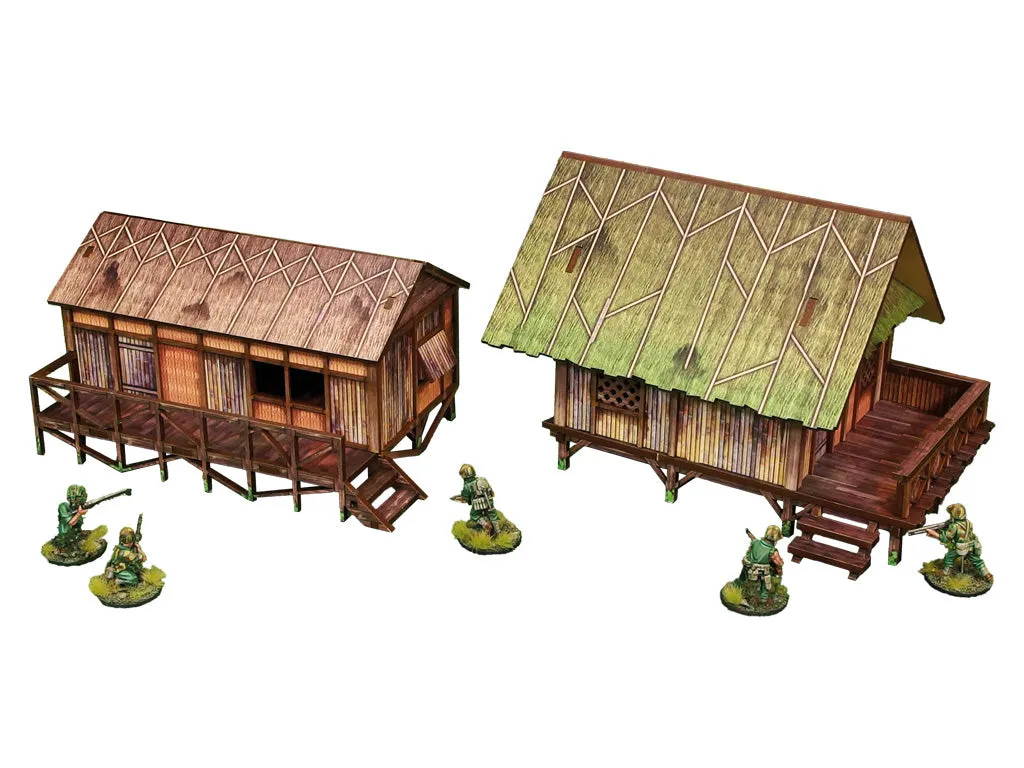 Bolt Action Pre-Painted WW2 Pacific Jungle Huts (2) décors prépeints 28-30 mm
