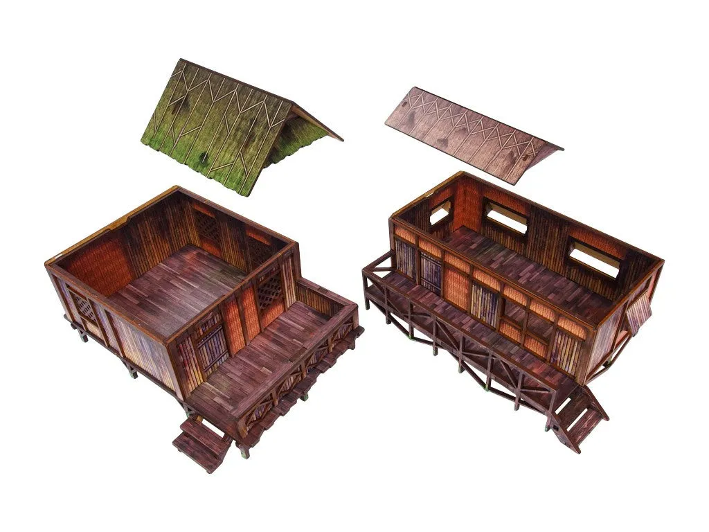Bolt Action Pre-Painted WW2 Pacific Jungle Huts (2) décors prépeints 28-30 mm