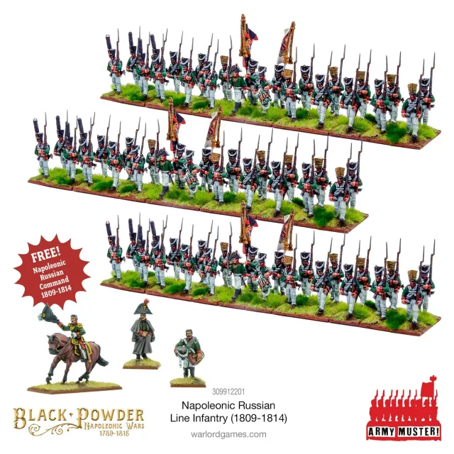 Black Powder Army Muster Napoleonic Russian Line Infantry (1809-1814) 72 figurines