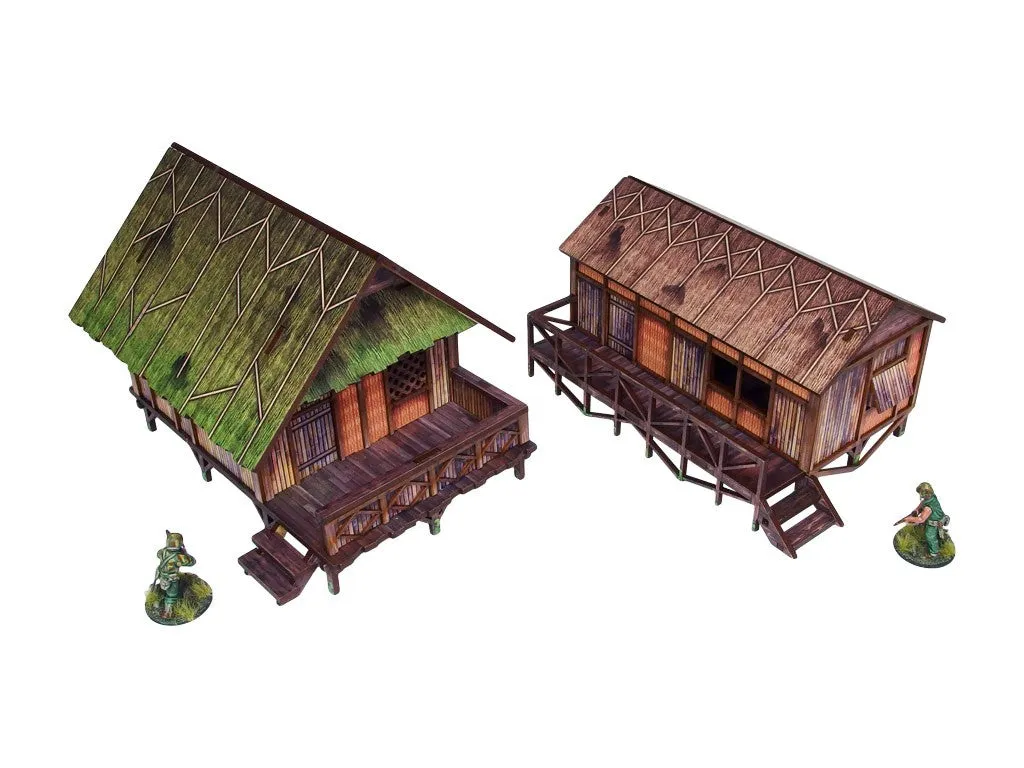 Bolt Action Pre-Painted WW2 Pacific Jungle Huts (2) décors prépeints 28-30 mm