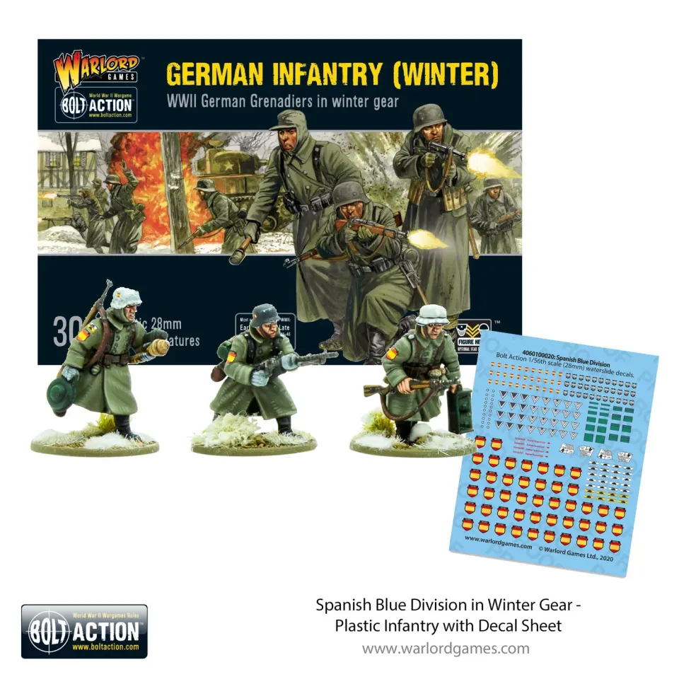 Bolt Action Spanish Blue Division in Winter Gear infanterie plastique 30 figurines décalcomanies