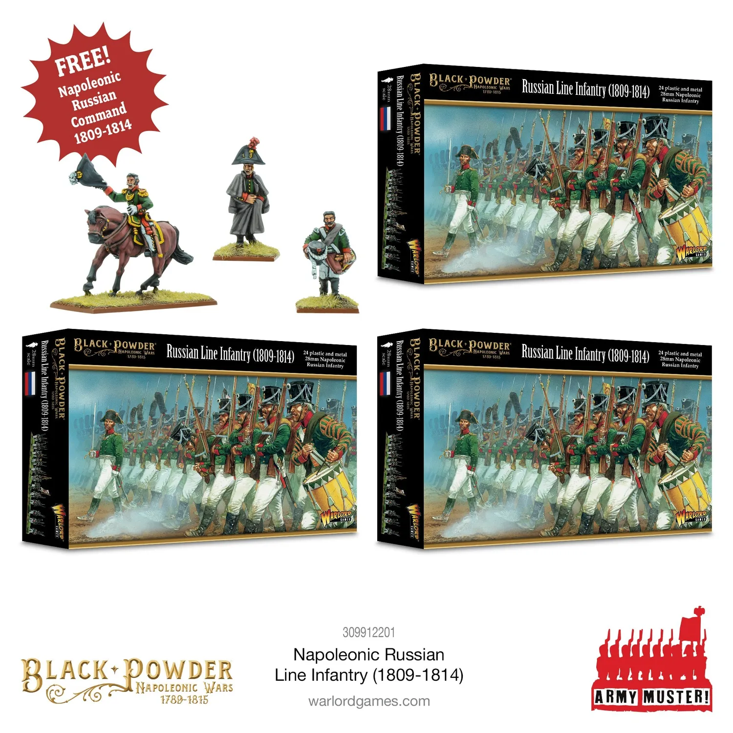 Black Powder Army Muster Napoleonic Russian Line Infantry (1809-1814) 72 figurines
