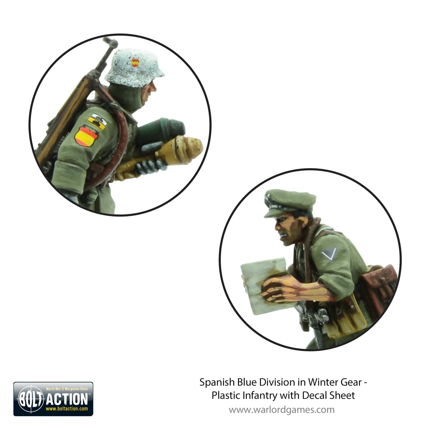 Bolt Action Spanish Blue Division in Winter Gear infanterie plastique 30 figurines décalcomanies