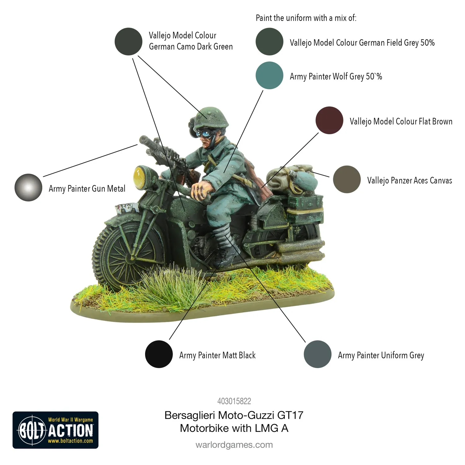 Bolt Action Bersaglieri Moto-Guzzi GT17 Motorbike with LMG A véhicule métal